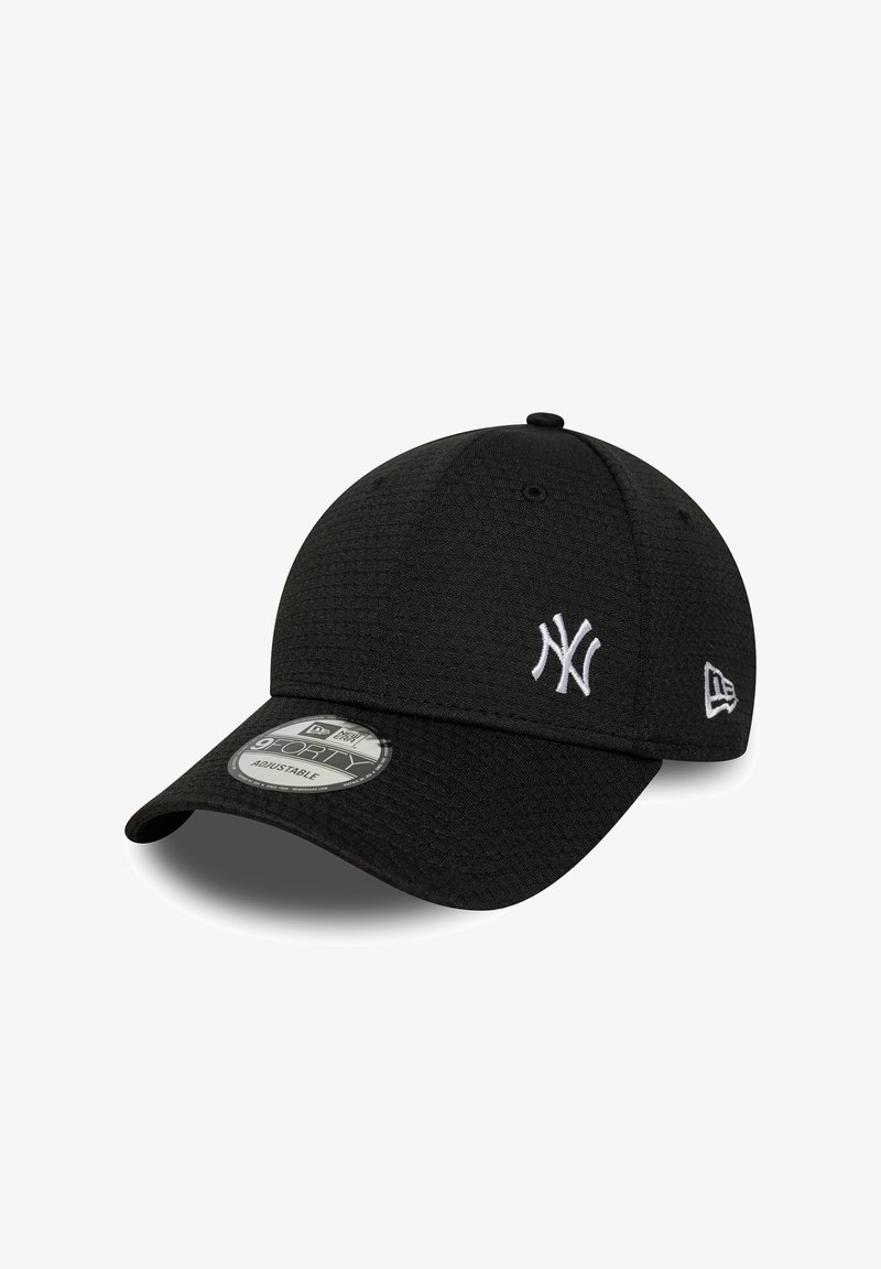 Black baseball cap made of textured fabric with a curved brim. Features white embroidered logo on front and adjustable closure at the back.