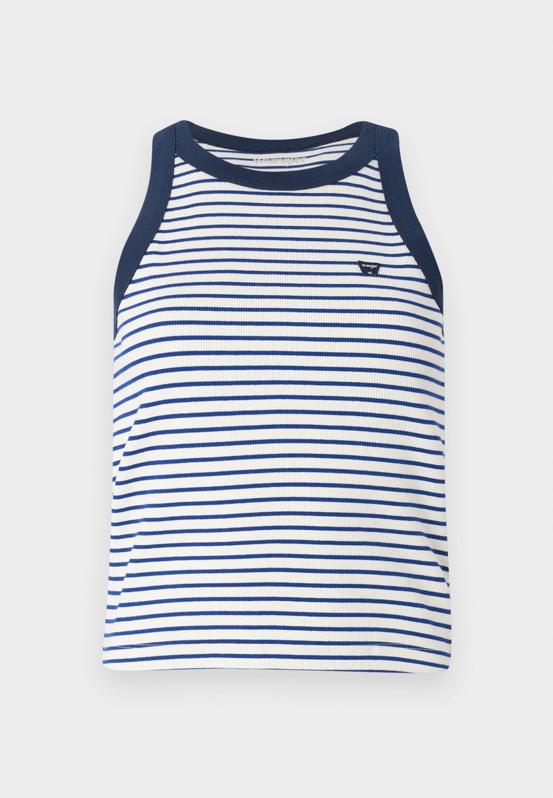 Top de tirantes blanco con rayas horizontales azul marino y blancas. Presenta un escote redondeado y sisas en azul marino sólido. Incluye un pequeño detalle del logo.