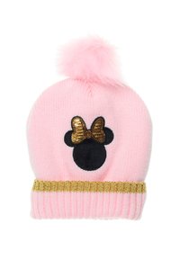 Berretto in maglia rosa con una fascia dorata texture, caratterizzato da un volto di Topolino nero e un fiocco di paillettes. Sormontato da un soffice pompon rosa.