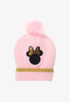 Pink knit beanie with a textured gold band, featuring a black Mickey Mouse face and a sequined bow. Topped with a fluffy pink pom-pom.