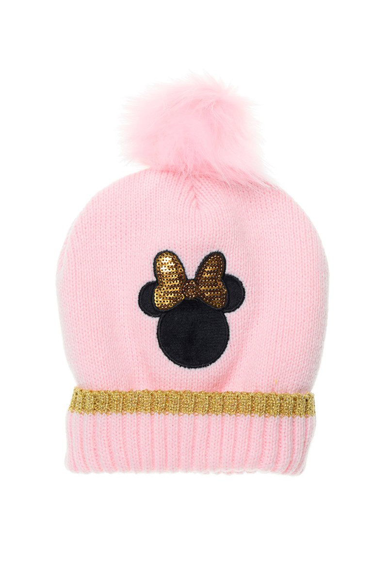 Berretto in maglia rosa con una fascia dorata texture, caratterizzato da un volto di Topolino nero e un fiocco di paillettes. Sormontato da un soffice pompon rosa.
