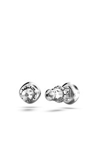 Fones de ouvido sem fio com um design elegante em prata metálica, com formas arredondadas, acentos transparentes e detalhes internos visíveis.