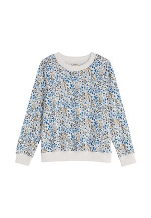 Valge pika varrukaga dressipluus sinise ja beežika lillemustriga, soonikkoes varrukasääred, krae ja alumine äär.