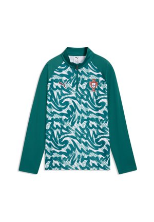 Turquoise sportshirt met lange mouwen en abstract golfpatroon, halflange ritskraag, Puma-logo op de rechterborst en het voetbalwapen van Portugal op de linkerborst.