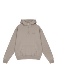 Sweat à capuche beige clair en coton, doté d'un col à demi-fermeture éclair, d'une poche kangourou à l'avant et de poignets et d'un ourlet côtelés. Détail de marque minimal.