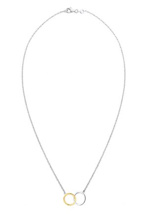 Zarte Silberkette mit einem Anhänger aus zwei miteinander verbundenen Ringen, einem goldenen und einem silbernen, der in der Mitte unten sitzt.