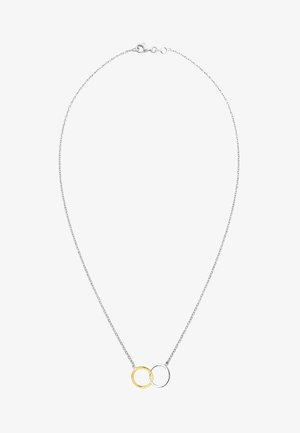 Collier en chaîne en argent délicat avec un pendentif composé de deux anneaux entrelacés, un en or et un en argent, centré en bas.
