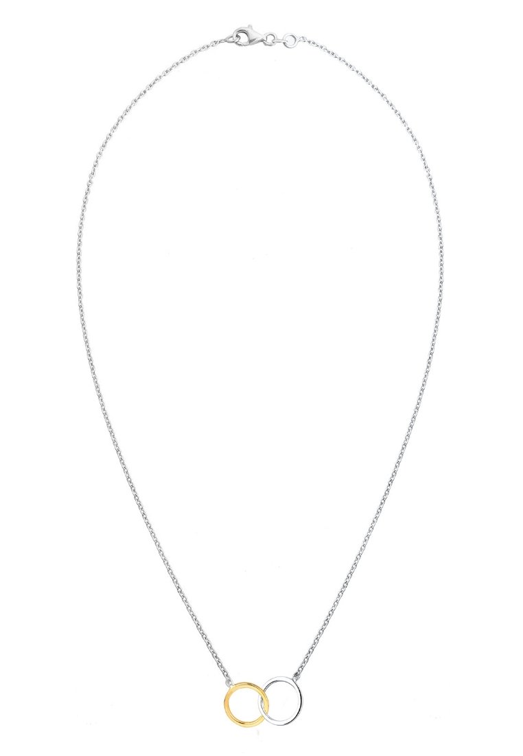 Delikat silverkedja med ett hänge bestående av två sammankopplade ringar, en i guld och en i silver, centrerad längst ner.