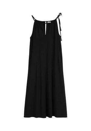 Abito nero senza maniche con spalline regolabili, scollo a chiave e una vestibilità morbida che si allarga verso l'orlo. Tessuto morbido e leggero.