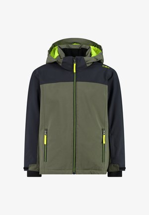 Grüne und schwarze Kapuzenjacke mit neongelben Reißverschlussanhängern und einem Frontreißverschluss, ausgestattet mit zwei seitlichen Reißverschlusstaschen und verstellbaren Manschetten.