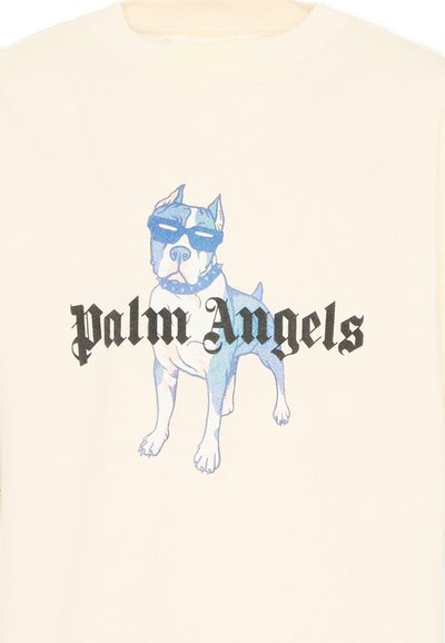 T-shirt blanc avec un chien bleu portant des lunettes de soleil et le texte "palm Angels" en police gothique noire sur la poitrine.