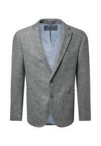 Grijze textuur mannenblazer met twee knopen, opgestikte zakken en een lichtblauwe gestreepte binnenvoering, gelabeld Pierre Cardin.