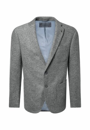 Grau strukturiertes Herrenblazer mit zwei Knöpfen, aufgesetzten Taschen und hellblauem gemustertem Innenfutter, beschriftet mit Pierre Cardin.