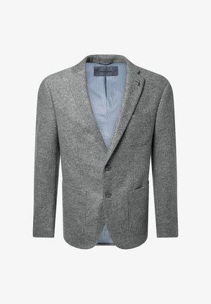 Grijze textuur mannenblazer met twee knopen, opgestikte zakken en een lichtblauwe gestreepte binnenvoering, gelabeld Pierre Cardin.