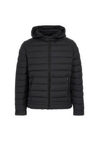 Giacca a vento nera con cappuccio staccabile, design trapuntato, zip frontale e due tasche laterali. Texture morbida, adatta per il freddo.