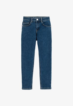 Mėlynos džinsinės kelnės su tiesiu kirpimu, penkių kišenių stiliumi, metaline sagtele ir užtrauktuku, bei kontrastinga oranžine siūle.