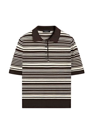 Polo met korte mouwen in zwart-witte horizontale strepen, zwarte kraag, drieknoopssluiting, borstzak en zwarte manchetten en zoom.