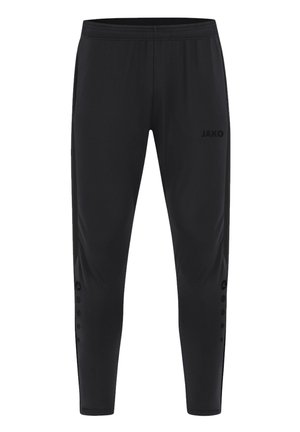 Pantalons de sport noirs avec une taille élastique, ornés de boutons sur les côtés et d'un logo sur la cuisse gauche. Fabriqués dans un matériau lisse et extensible.