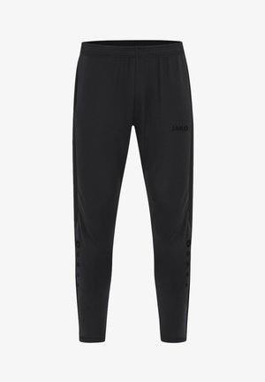 Schwarze Sporthose mit elastischem Bund, seitlichen Knopf-Akzenten und einem Logo auf dem linken Oberschenkel. Hergestellt aus einem glatten, dehnbaren Material.