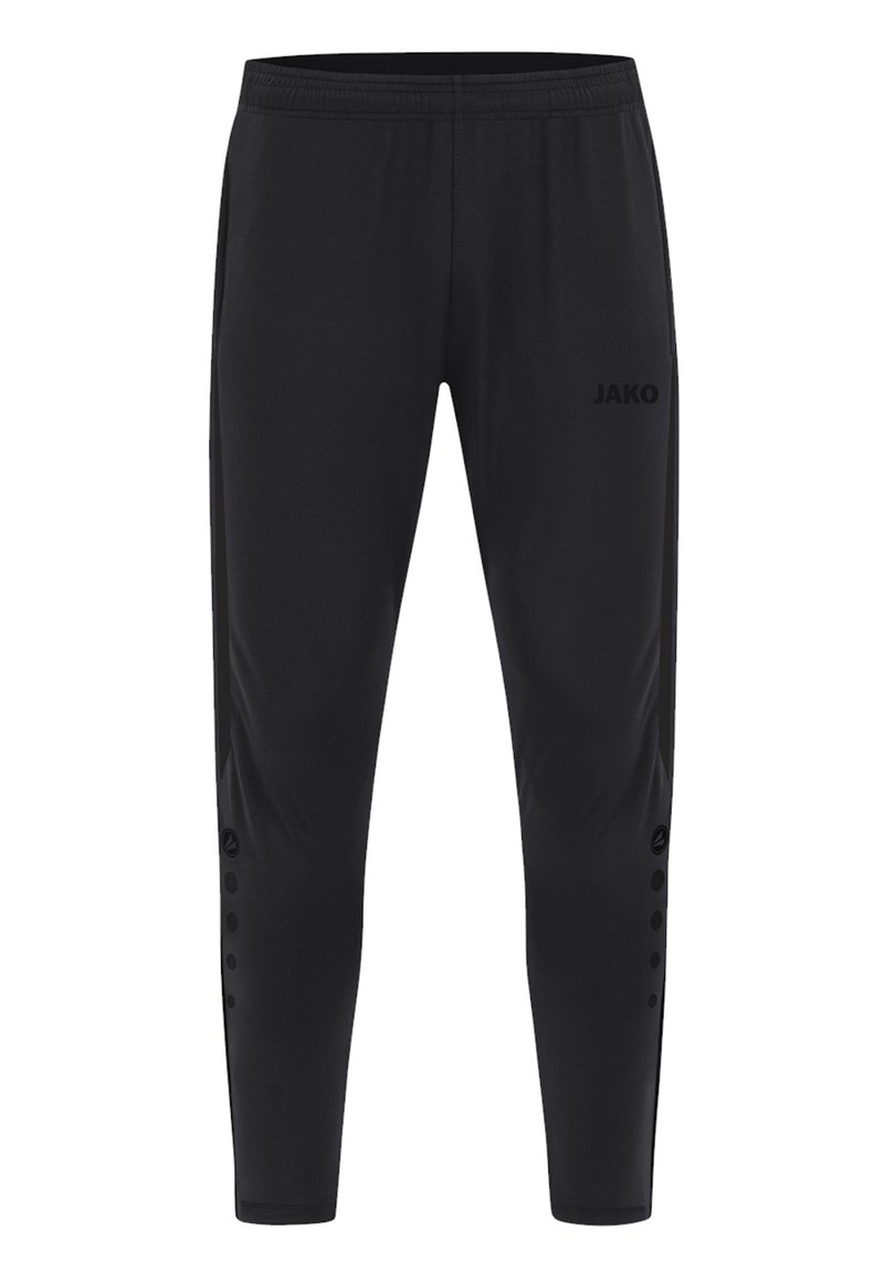 Schwarze Sporthose mit elastischem Bund, seitlichen Knopf-Akzenten und einem Logo auf dem linken Oberschenkel. Hergestellt aus einem glatten, dehnbaren Material.