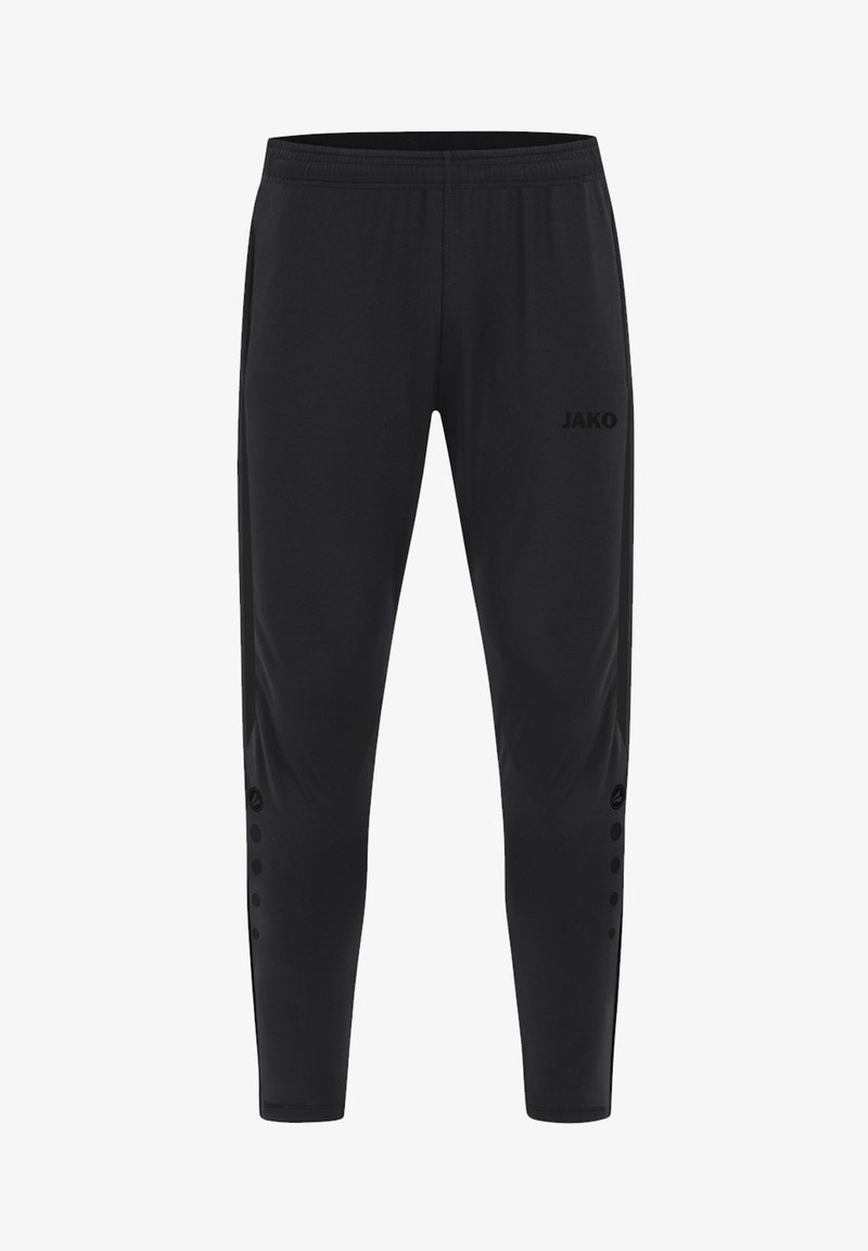 Zwarte sportbroek met een elastische tailleband, voorzien van zijknopen en een logo op de linker dij. Gemaakt van een glad, rekbaar materiaal.