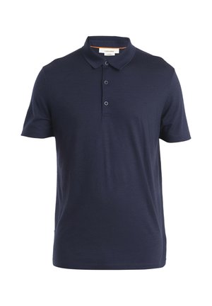 Navy blue polo shirt made of cotton with a classic collar, three button placket, and short sleeves. Smooth texture, minimal design.