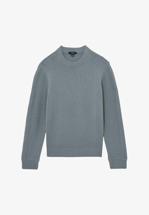 Maglione a maniche lunghe in maglia azzurro chiaro con collo a giro coste, polsini, orlo e dettagli a motivi lavorati a maglia lungo le maniche.