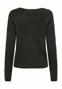 Pull en laine côtelée vert foncé avec une coupe décontractée, doté d'un col large, de manches longues et d'une surface texturée.