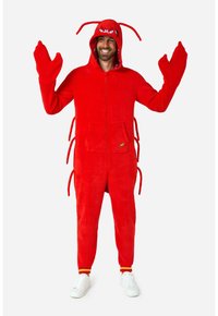 Red lobster-themed onesie. Made of plush fabric with a zip front, large claw-shaped sleeves, pockets, and hood with eyes and antennas.
