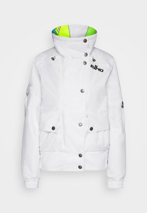 Weißer Mantel mit hohem Kragen, Druckknöpfen, zwei Vordertaschen und grünem Musterfutter. Mit elastischen Bündchen und Logodetails.