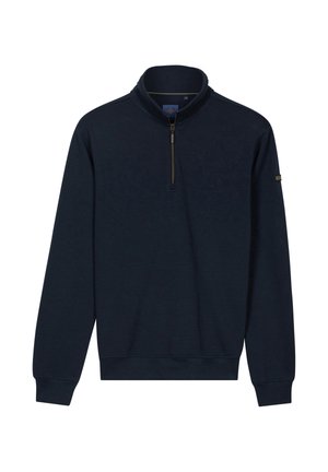 Marineblauwe pullover met lange mouwen en een ritssluiting tot een kwart, geribbelde manchetten en een opstaande kraag, getoond tegen een witte achtergrond.