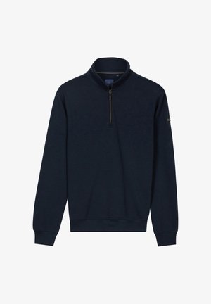 Marineblauwe pullover met lange mouwen en een ritssluiting tot een kwart, geribbelde manchetten en een opstaande kraag, getoond tegen een witte achtergrond.