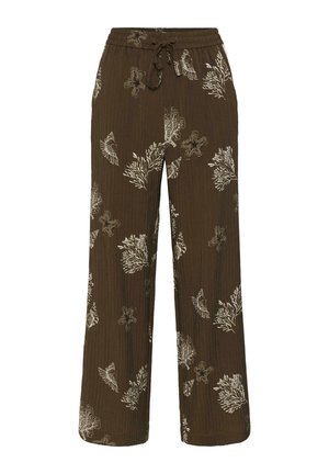 Hnedé nohavice so širokými nohavicami s béžovým potlačou morského života, obsahujúce hviezdice, mušle a koraly, elastický pás s sťahovacou šnúrkou.