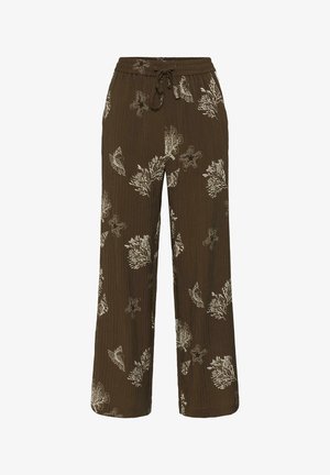 Barna bő szárú nadrág bézs tengeri élővilág mintával, csillagokkal, kagylókkal és korallokkal, rugalmas derékpánt húzózsinórral.