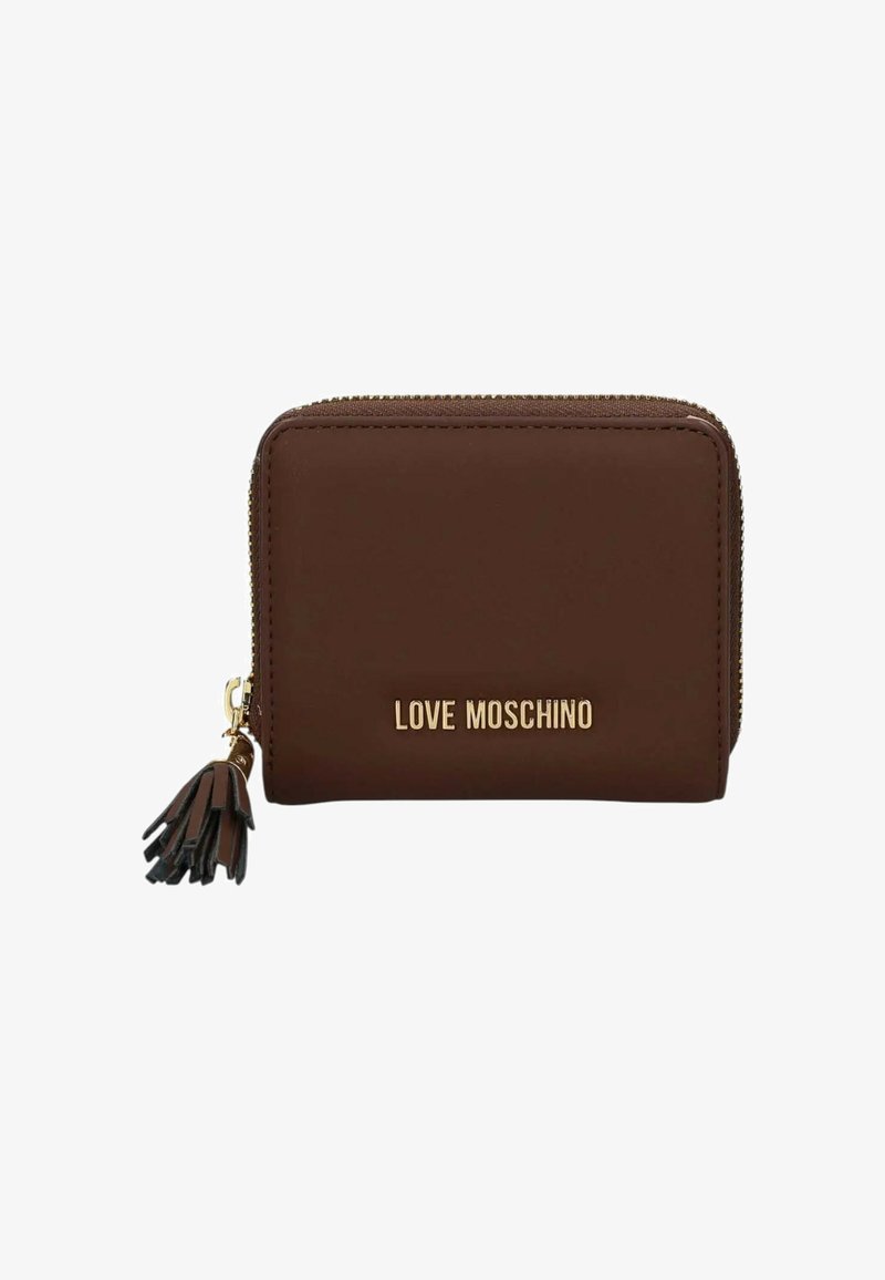 Brown synthetic wallet with gold hardware, zip closure, and black tassel accent. Features "LOVE MOSCHINO" text on the front.