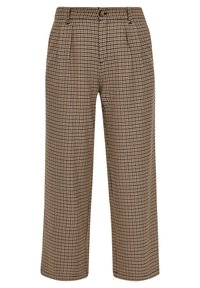 Pantalon large à carreaux marron et beige avec plis, bouton à l'avant et poches latérales, présenté sur un fond blanc.