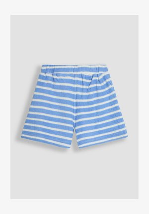 Modri in beli kratki hlače s podiumi iz mehkega, teksturiranega materiala. Imajo elastičen pas in dve stranski žep.