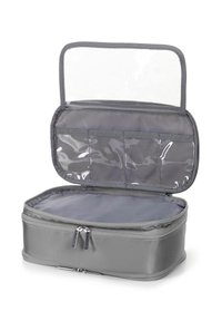 Borsa cosmetica grigia con esterno testurizzato, chiusura con zip, coperchio trasparente e molteplici tasche interne per un'organizzazione efficiente.