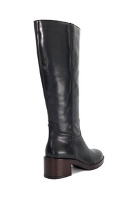 Black leather knee-high boot with a smooth finish, rounded toe, and a low block heel. Features minimal stitching and a sleek design.