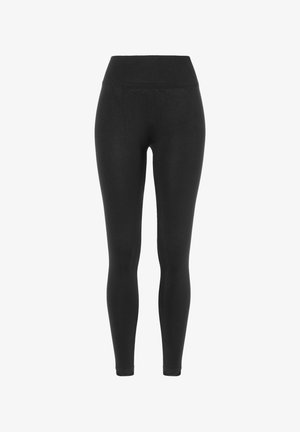 Schwarze Leggings mit hohem, elastischem Bund, gefertigt aus dehnbarem Material. Eng anliegendes Design, das zu den Knöcheln hin schmal zuläuft. Durchgehend glatte Textur.