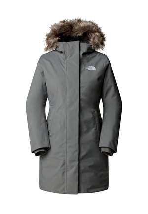 Gray insulated parka with a fur-lined hood, zip front, and side pockets. Features branding on the upper left chest and a smooth texture.