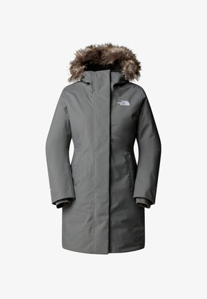 Gray insulated parka with a fur-lined hood, zip front, and side pockets. Features branding on the upper left chest and a smooth texture.