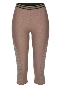 Leggings da allenamento Capri in un morbido rosa tenue con un sottile motivo leopardato. Presentano una cintura nera con dettagli dorati e pannelli laterali a righe.