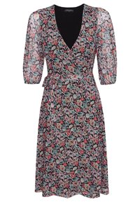 Květinové šaty zavinovacího střihu s hlubokým výstřihem do V, krátkými průsvitnými balónovými rukávy a černým pozadím s barevnými květinovými vzory. Lehká tkanina.