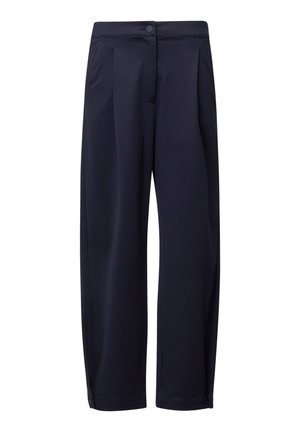 Pantalon large bleu marine avec plis à l'avant, poches latérales, taille boutonnée et ourlets droits longueur totale.