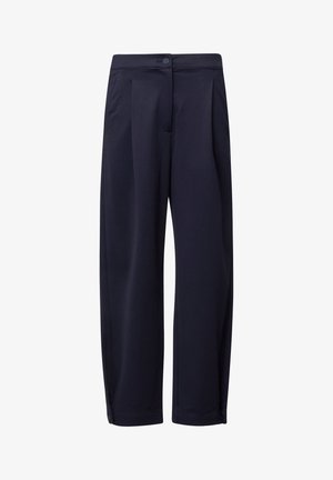 Marineblauwe wijde pantalon met voorsplitten, zijzakken, een met knopen gesloten tailleband en rechte zoom tot over de hele lengte.