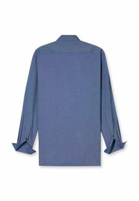 Camicia a maniche lunghe di colore blu scuro, con una texture liscia. Presenta un colletto standard e polsini abbottonati, il design include un taglio dritto.