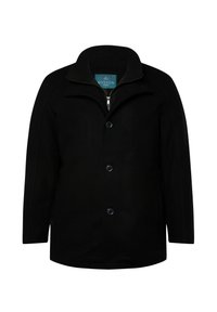 Abrigo negro con cuello con cremallera, cinco botones y una textura suave. Diseñado con un corte clásico y un mínimo de detalles.