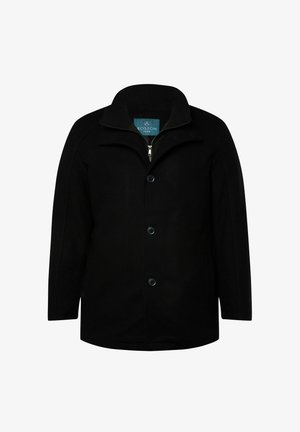 Black coat featuring a zip-up collar, five buttons, and a smooth texture. Designed with a classic cut and minimal detailing.