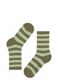 Grün und hellgrün gestreifte Socken mit weicher Textur, die mit einem kontrastierenden weißen Stichmuster und einem Logo auf der Sohle versehen sind.